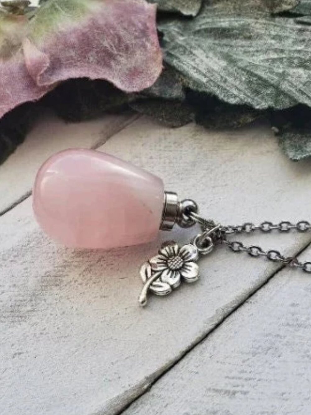 Rose Quartz Necklace Crystal Perfume Bottle Flower Pendant Stone